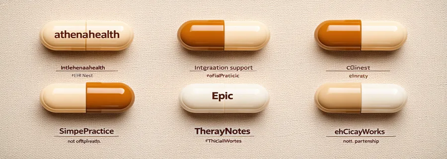 EHR integration compatibility grid showing behavioral health EHR systems as labeled text badge pills