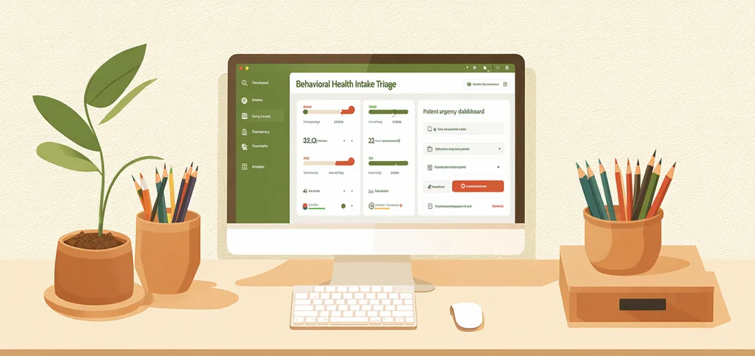 Behavioral health practice front desk workflow illustration showing intake management dashboard