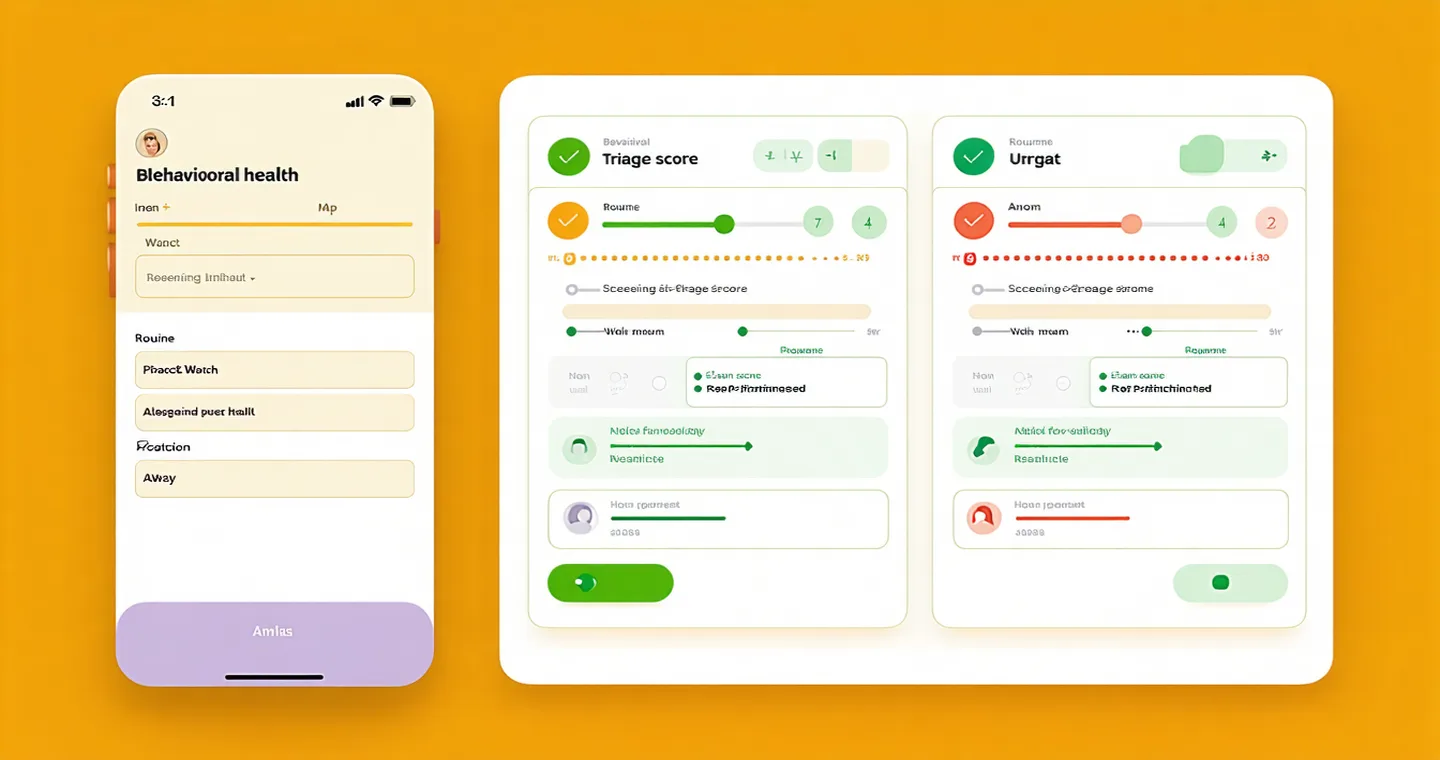 Mobile intake form and practice triage dashboard side by side showing behavioral health intake flow