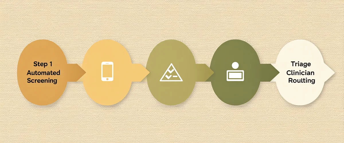 Five-step behavioral health intake workflow diagram from patient form to clinician handoff