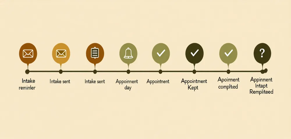 Abstract visualization showing intake completion steps leading to appointment attendance with reminder checkpoints