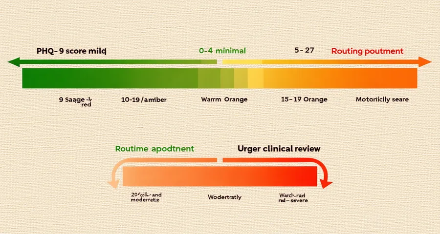 PHQ-9 scoring and triage routing diagram showing score ranges mapped to clinical urgency levels