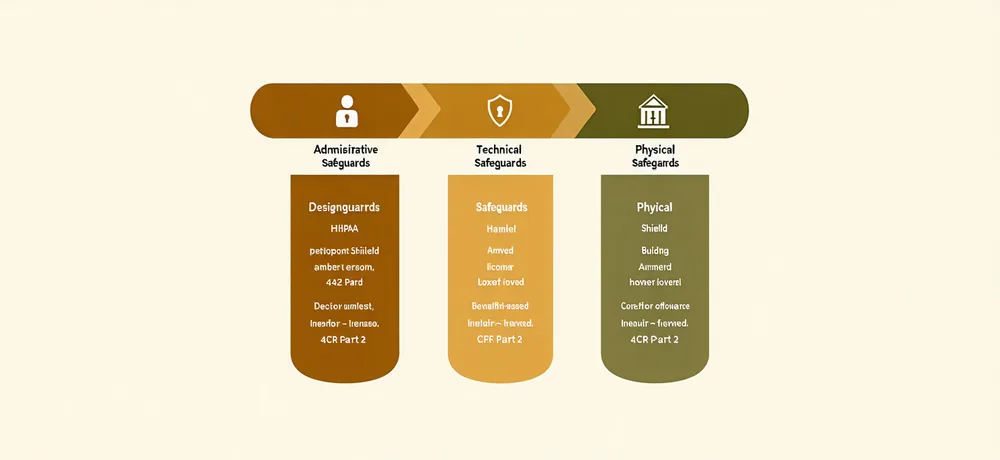 HIPAA and 42 CFR Part 2 compliance framework showing administrative technical and physical safeguard pillars