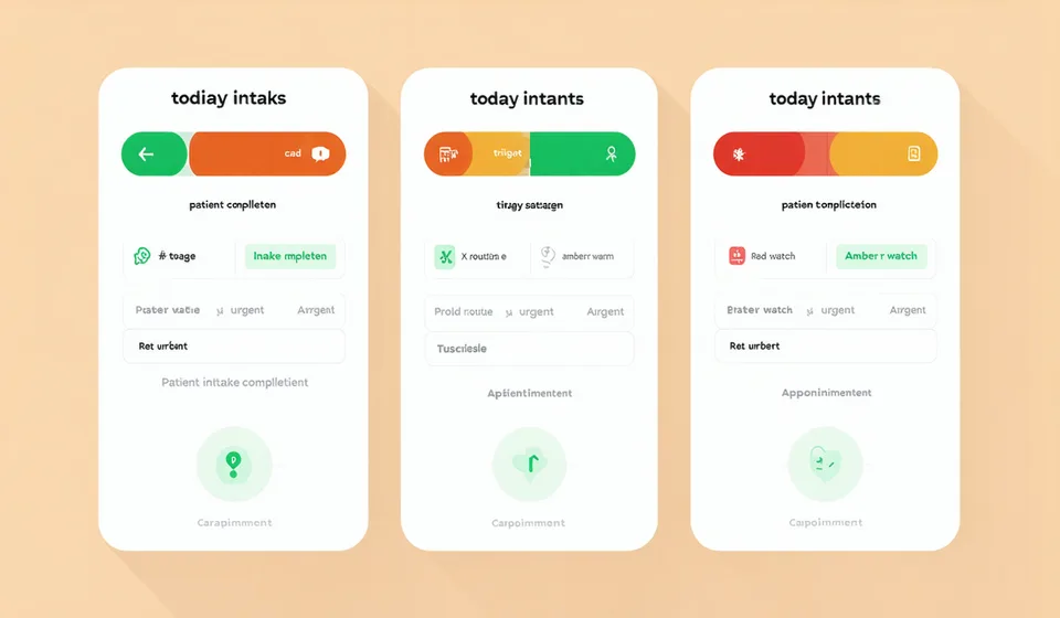 Practice triage dashboard showing patient intake cards with urgency routing indicators in green amber and red