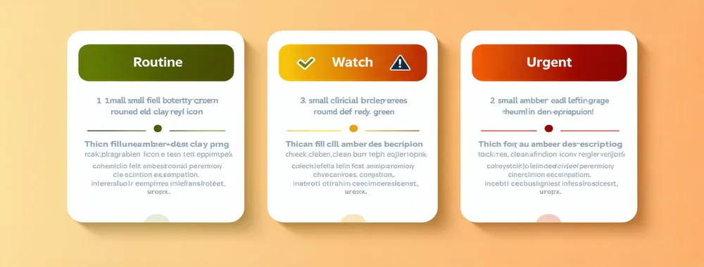 Three triage level cards for Routine Watch and Urgent with descriptions of routing actions
